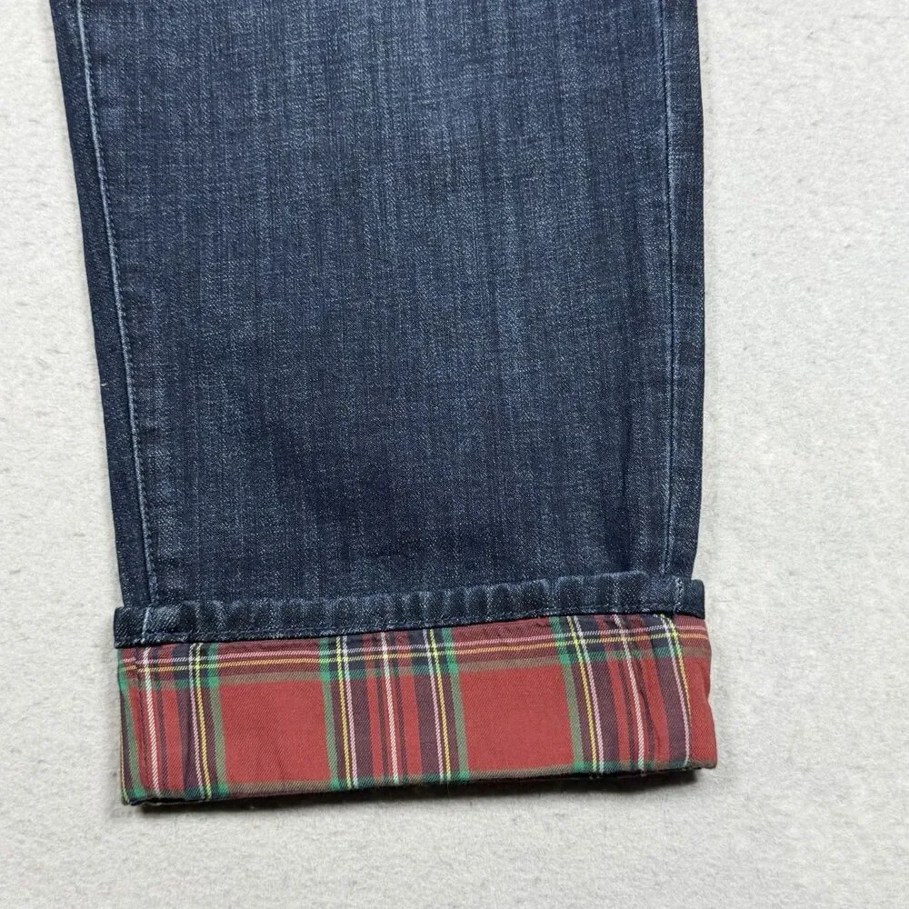 Talbots Everyday Relaxed Jean Size 14 Blue Indigo Plaid Cuff Ankle Flannel Lined